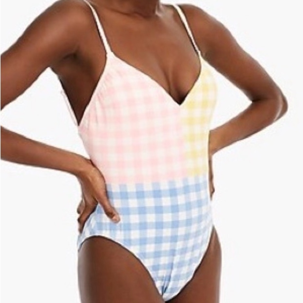 J.Crew Gingham Check One Piece Swimsuit Colorblock Cottage Vaca Bathing Suit 12